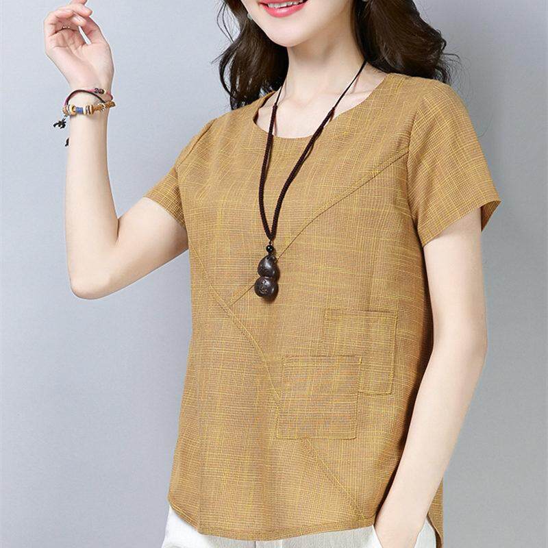 Women's Summer Blouses Linen Cotton Ladies Tops Casual Loose Short Sleeve Shirt Female Plus Size Women Clothing