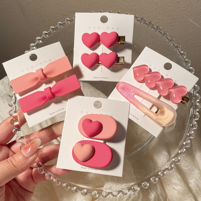 FINETOO Hot Sale New Korean Heart-shaped Pink Hair Clip Set for Women's Decoration