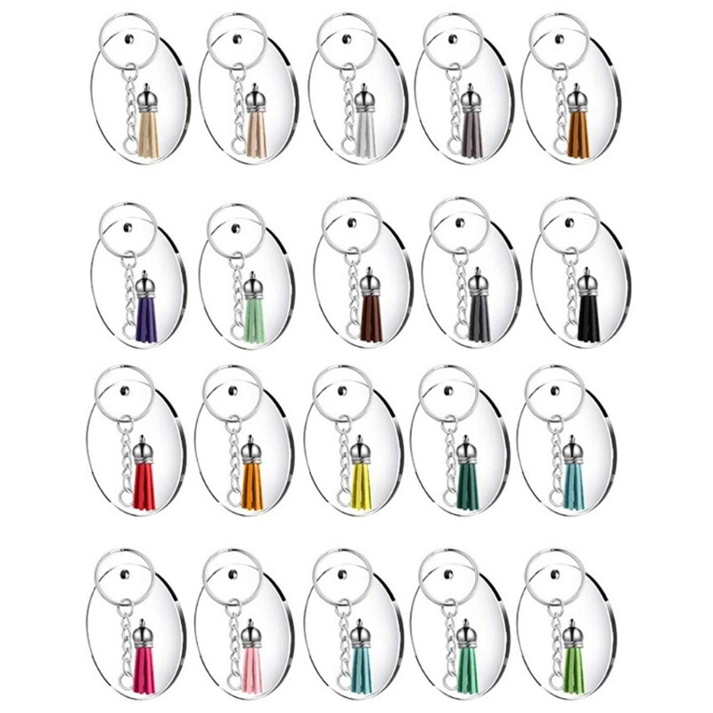 48 Pcs Round Clear Discs Circles Tassel Acrylic Keychain Blanks with Key Rings Transparent Acrylic Ornaments Blanks Set