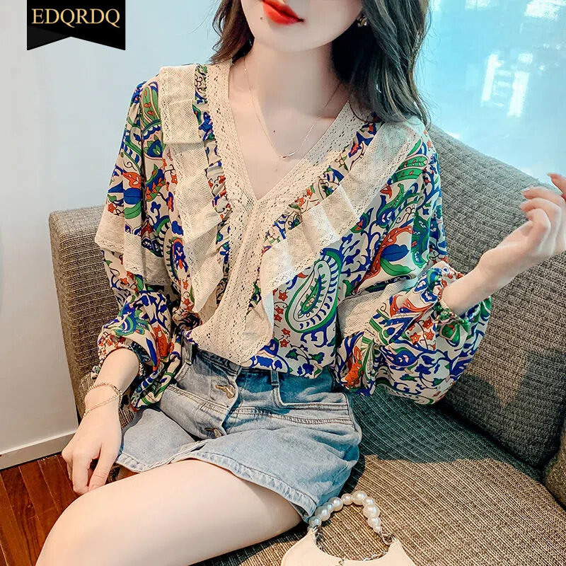 EDQRDQ French Floral Tops Puff Sleeve Lace Shirts Ethnic Blouses for Women