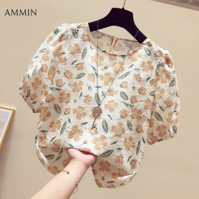 AMMIN Tops 2021 new Korean round neck floral print puff sleeve embroidery crochet hollow blouse women's summer short-sleeved loose short style elegant chiffon shirt