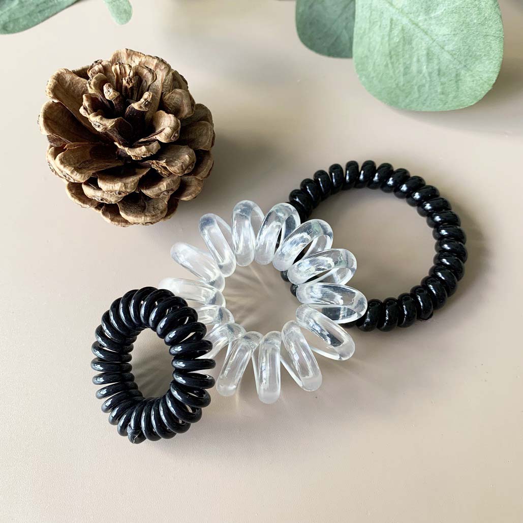 [SG] 5pc Black Telephone Wire Cord Head Ties Spiral Hair Band, Transparent Hair Ring Hair Ties, excellent for swimming