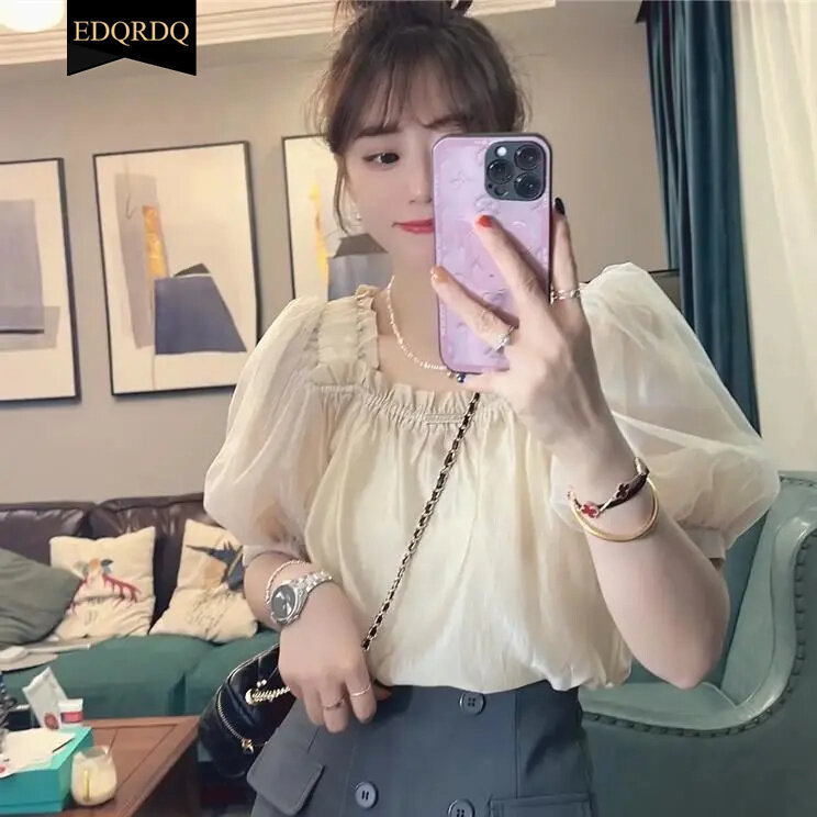 EDQRDQ Women's Mesh Sheer Ruched Tops Square Neck Puff Short Sleeve Off Shoulder Ruffle Volume Blouse Shirt