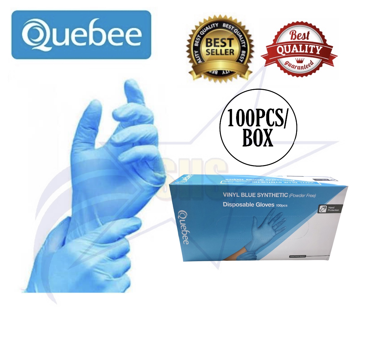 QUEBEE Vinyl Blue Synthetic Powder Free Disposable Gloves (100PCS/Box)