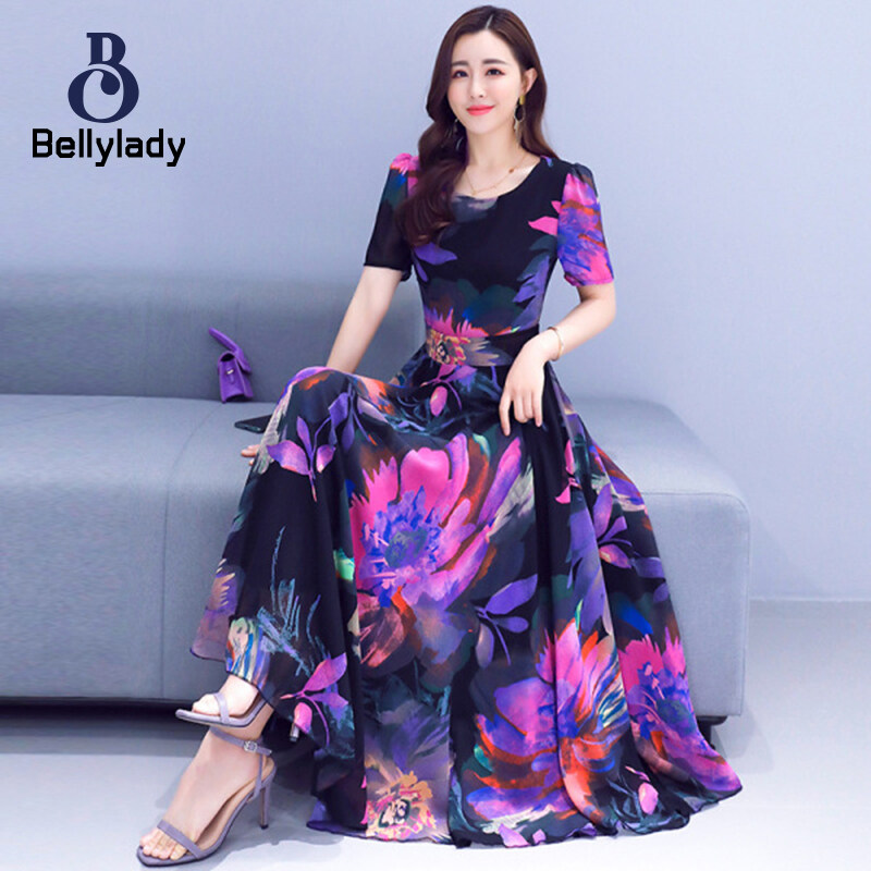 BellyLady Women Dress Plus Size Printed Summer Crew-neck Long Skirt Waist-slimming Big Hemline Dress