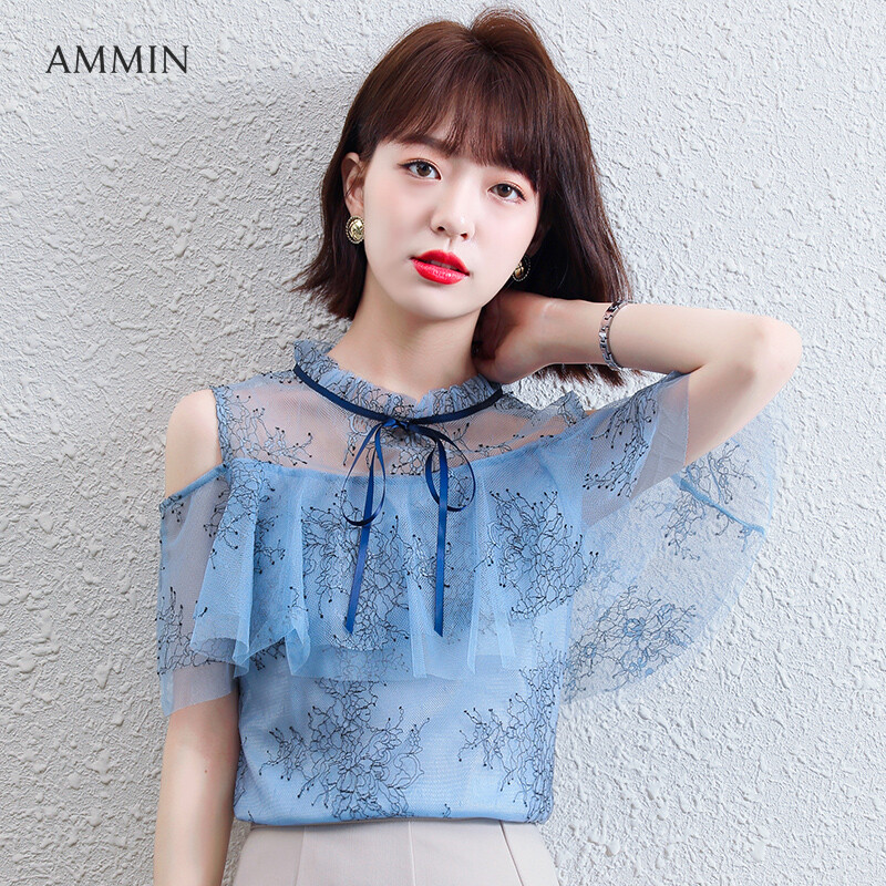 AMMIN Tops 2021 summer Korean version of the new pleated wood ear stitching round neck bow tie off shoulder ruffled stitching chiffon shirt women&#39;s elegant and sweet short-sleeved hollow mesh stit