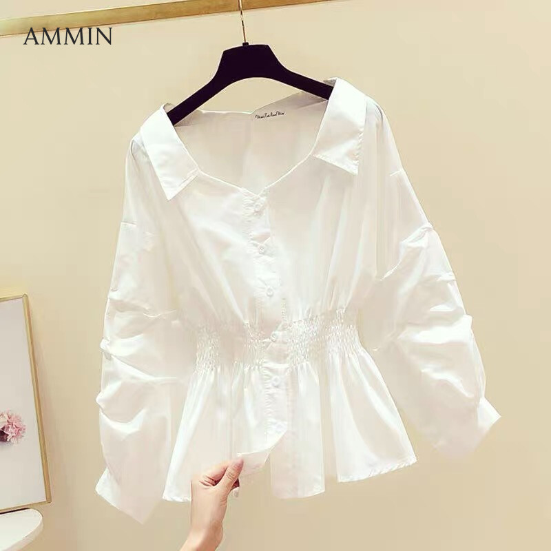 AMMIN Tops 2021 autumn new style V-neck long-sleeved button cardigan cotton shirt women&#39;s Korean version of retro Hong Kong flavor elastic waist Western-style loose lantern sleeves solid color blo